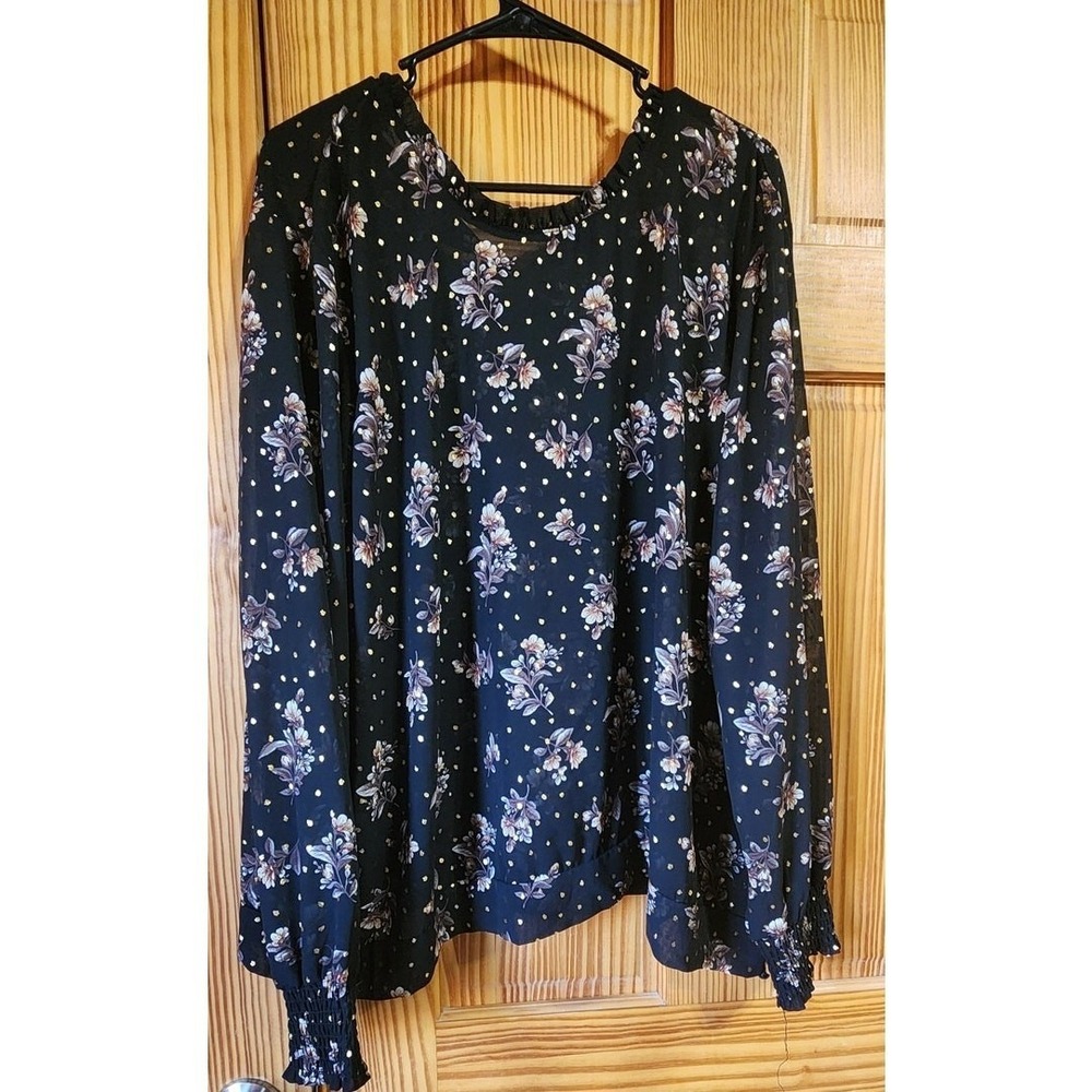 Maurices Women's Floral Blouse Size 2 Black Gold Polka Dot Long‎ Sleeve Top